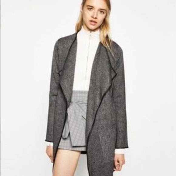 SOLD! - Zara Wool Blend Knit Sweater Coat Cardigan, Faux Leather Trim, Large - Picture 1 of 9